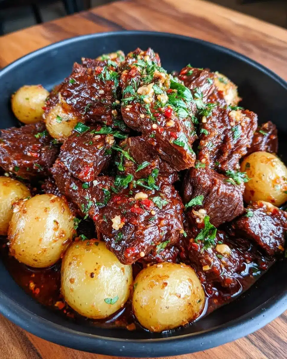 Slow cooker garlic butter beef with potatoes in a black bowl, garnished with parsley