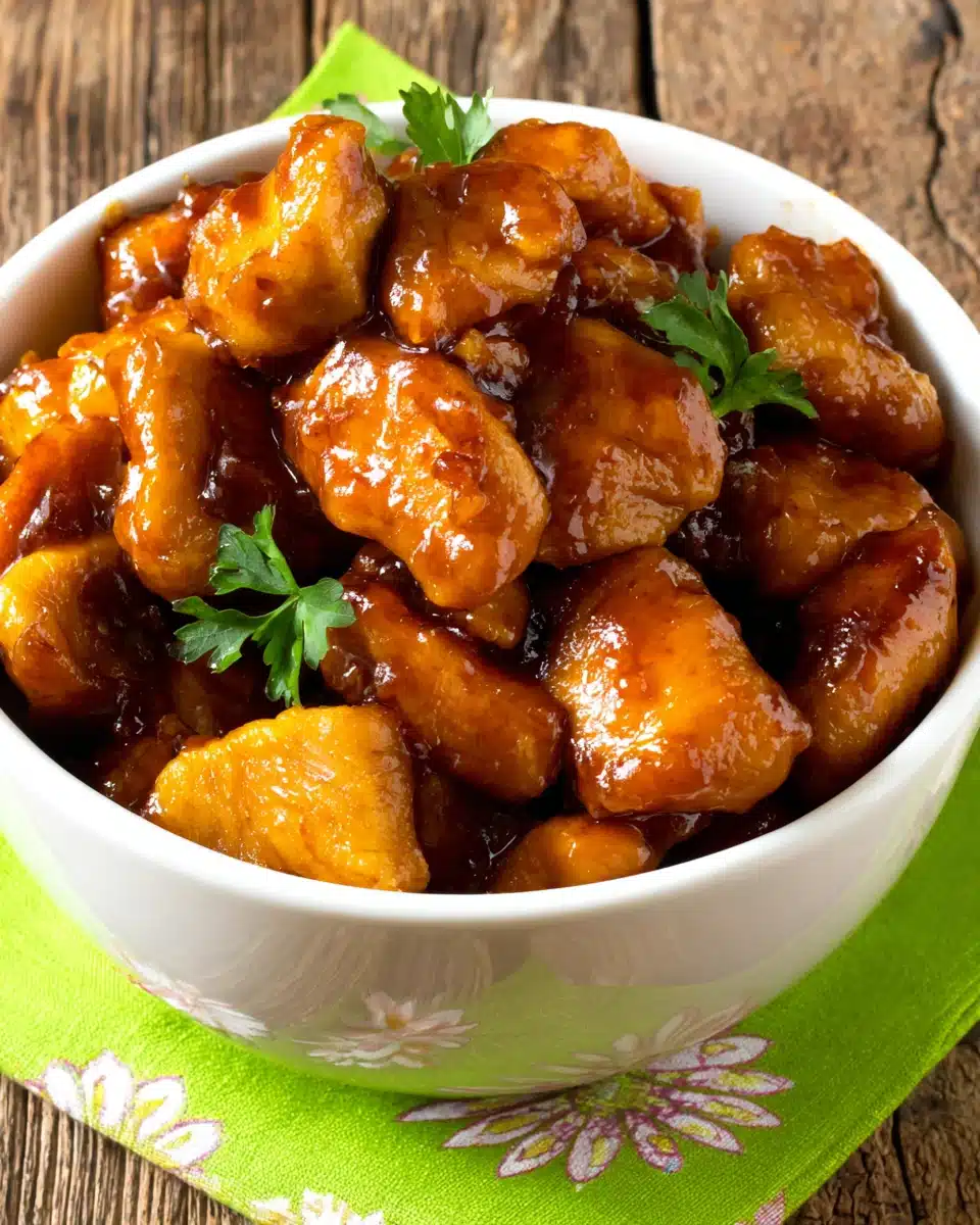 Slow cooker sticky honey chicken in a bowl with glossy sauce