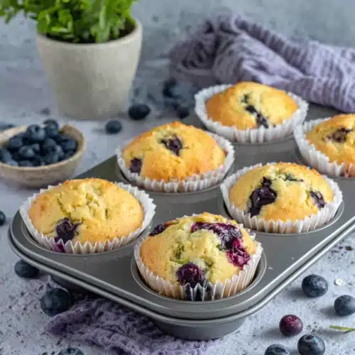 Sourdough Blueberry Muffins: A Delightfully Easy Treat 1 Sourdough blueberry muffins in a tin with fresh blueberries scattered around