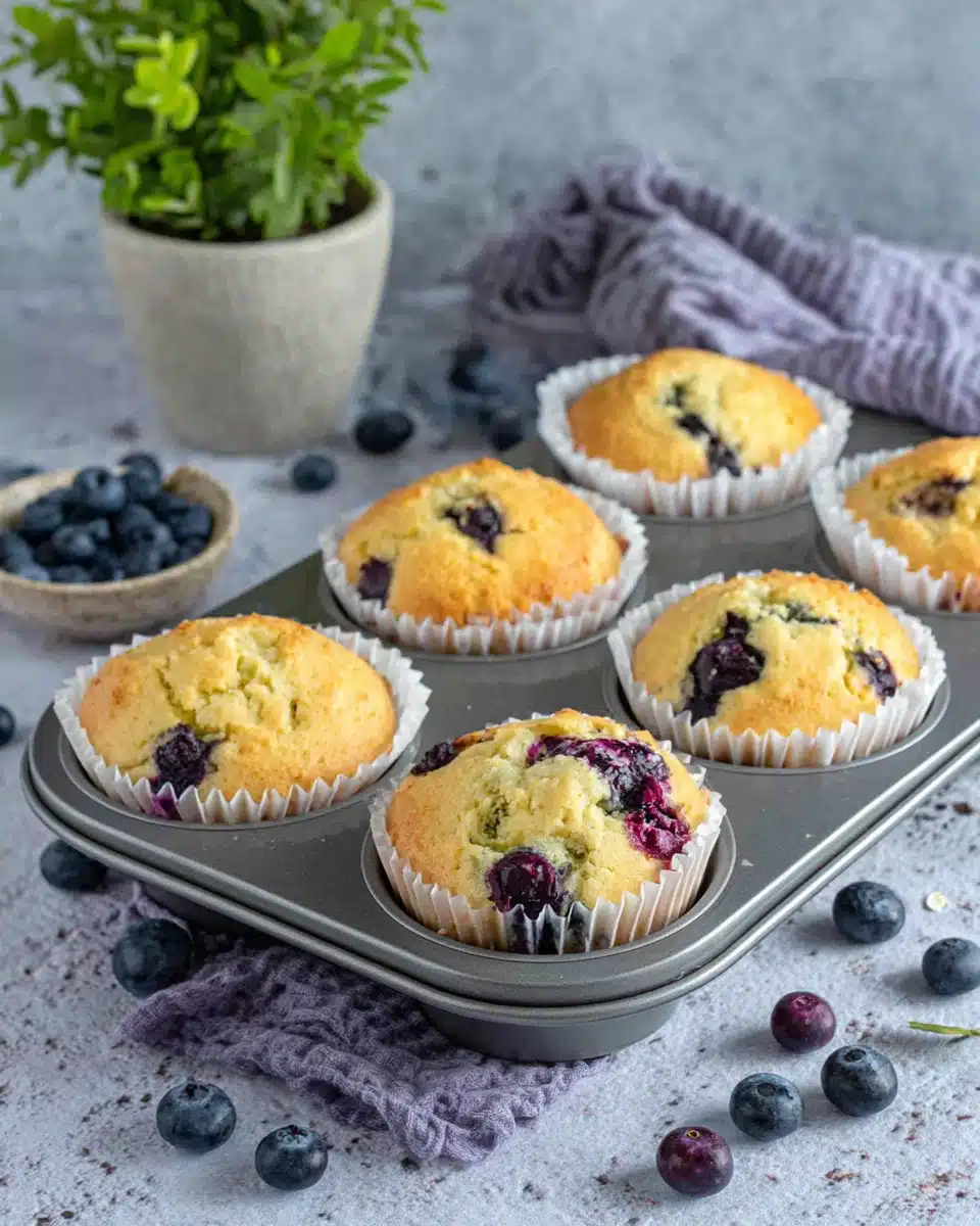 Sourdough Blueberry Muffins with Fresh Berries Sourdough blueberry muffins in a tin with fresh blueberries scattered around