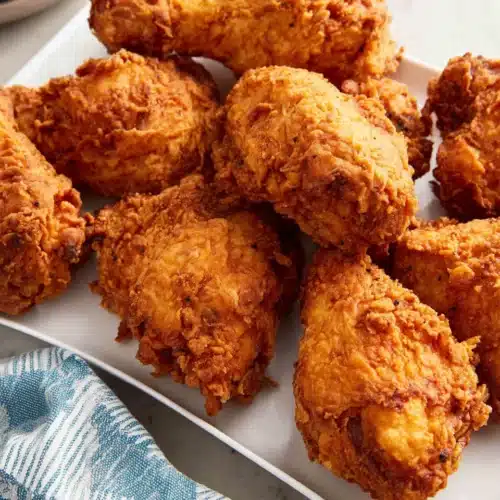 Southern Style Buttermilk Fried Chicken: Irresistibly Crispy! 1 Crispy golden Southern style buttermilk fried chicken on a white platter