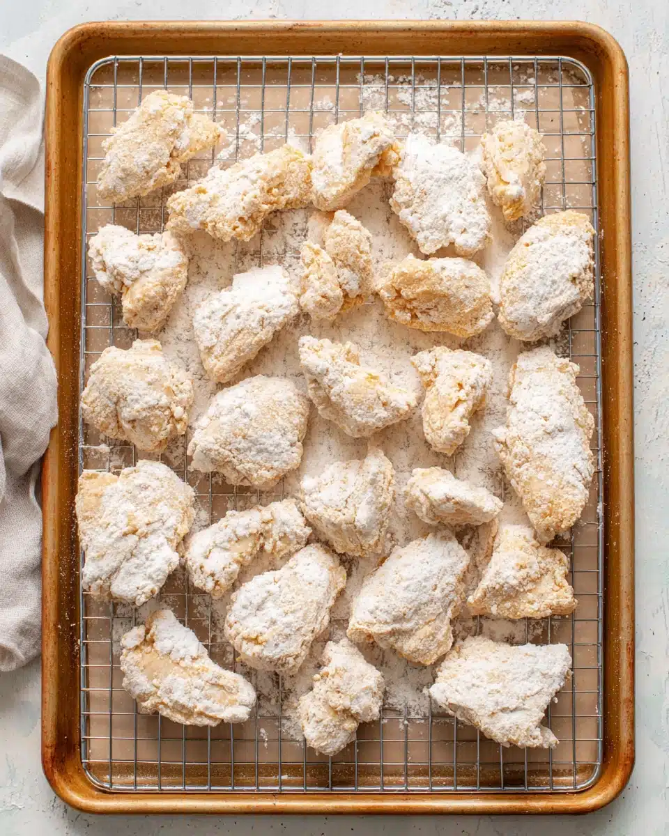 Southern Style Buttermilk Fried Chicken Coated and Ready to Fry Southern style buttermilk fried chicken pieces coated in flour on a wire rack