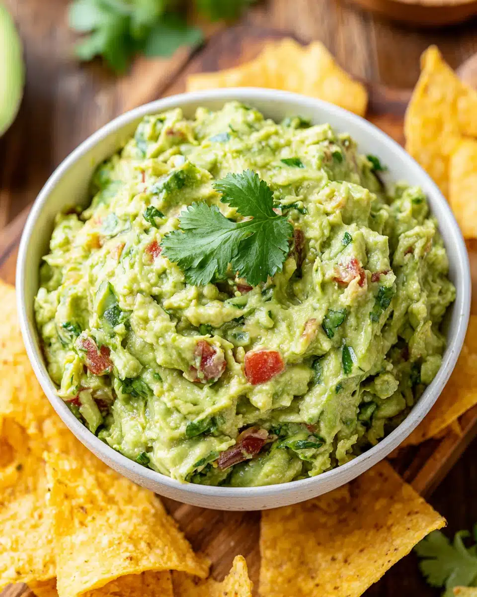 Spicy guacamole in a white bowl with tortilla chips and cilantro garnish