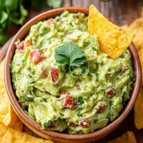 Spicy guacamole in a white bowl with tortilla chips and cilantro