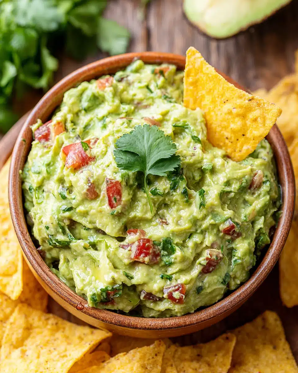 Spicy guacamole in a white bowl with tortilla chips and cilantro