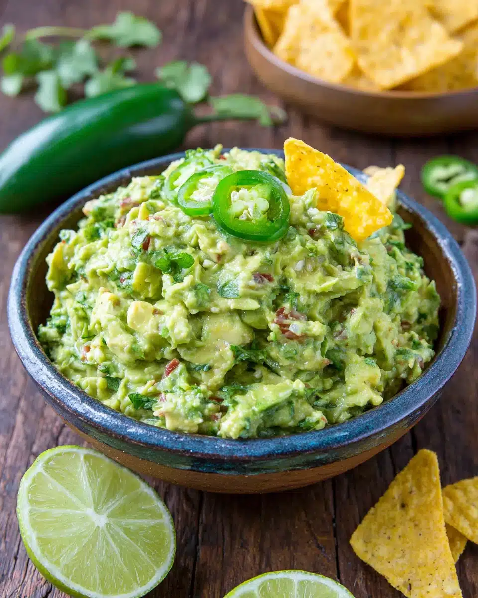 Spicy guacamole in a white bowl with jalapeño slices and tortilla chip