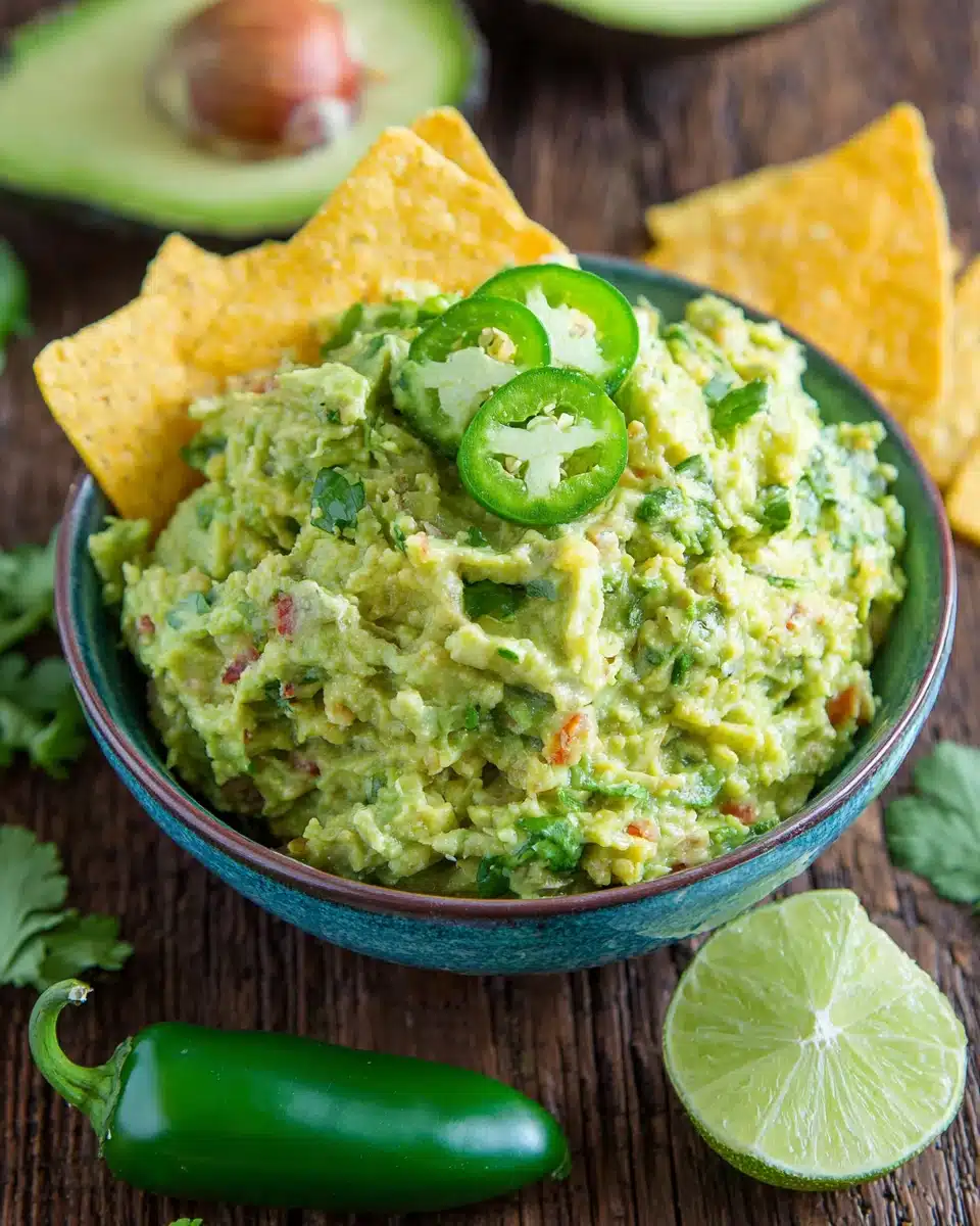 Spicy guacamole in a white bowl with jalapeño slices and tortilla chip