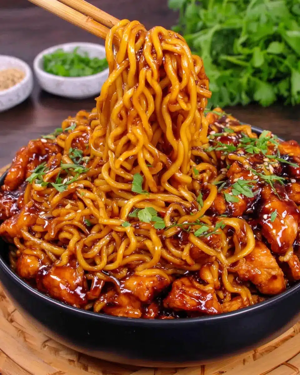 Sticky Garlic Chicken Noodles with Glossy Sauce Sticky garlic chicken noodles with glossy sauce, chicken, and green onions in a black bowl
