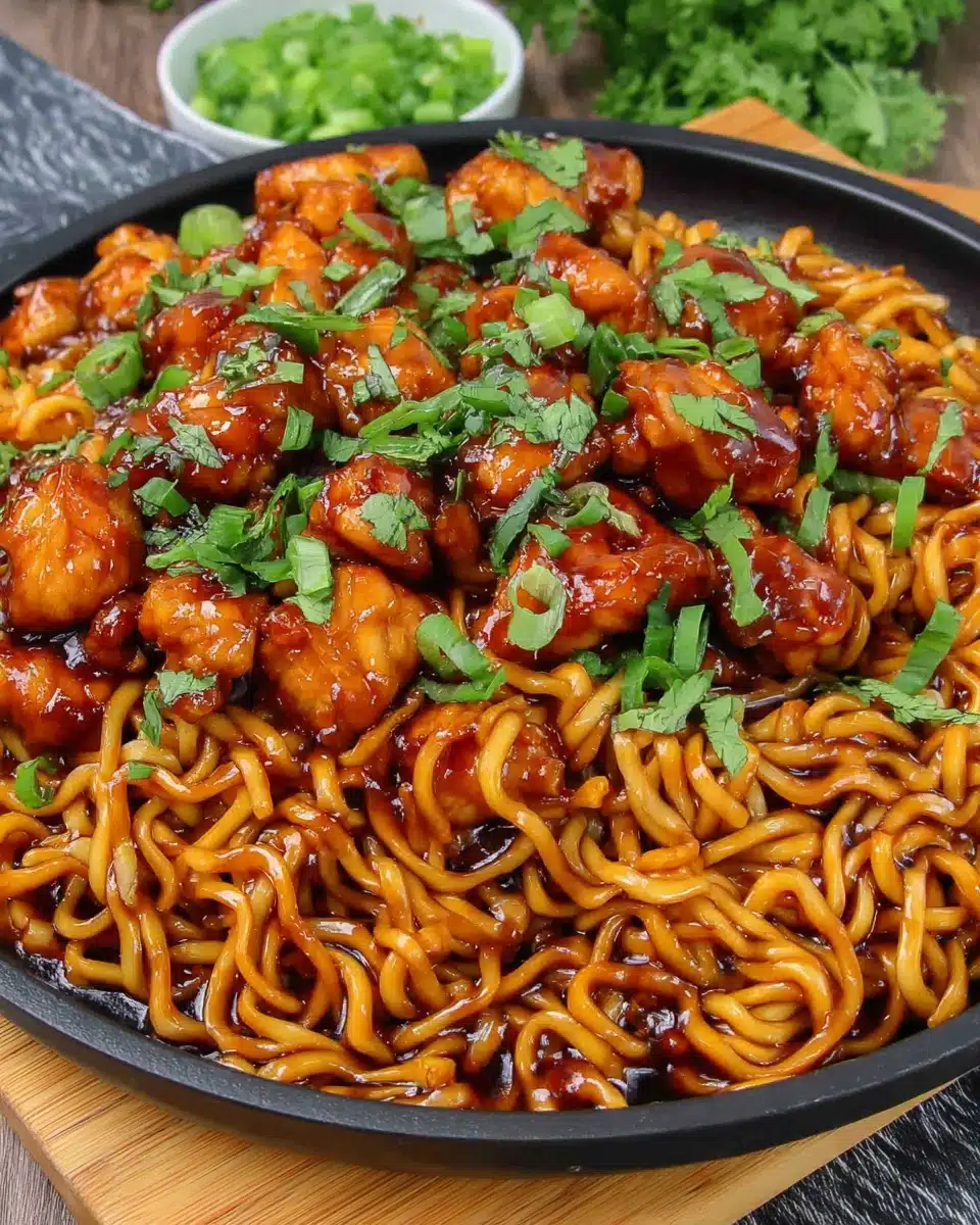 Sticky Garlic Chicken Noodles with Glossy Sauce Sticky garlic chicken noodles with glossy sauce, chicken, noodles, green onions, and sesame seeds