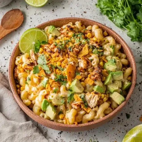 Street corn chicken pasta salad with charred corn, avocado, and lime in a terracotta bowl