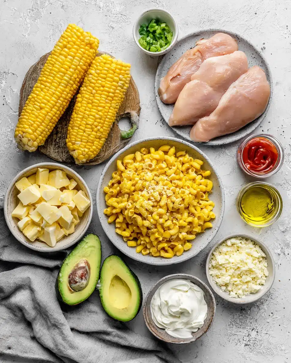 Street corn chicken pasta salad ingredients: chicken, corn, macaroni, avocado, cotija cheese, and spices arranged on a white surface
