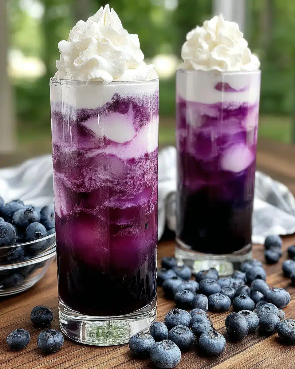 Sugar free blueberry Italian cream soda with whipped cream and fresh blueberries