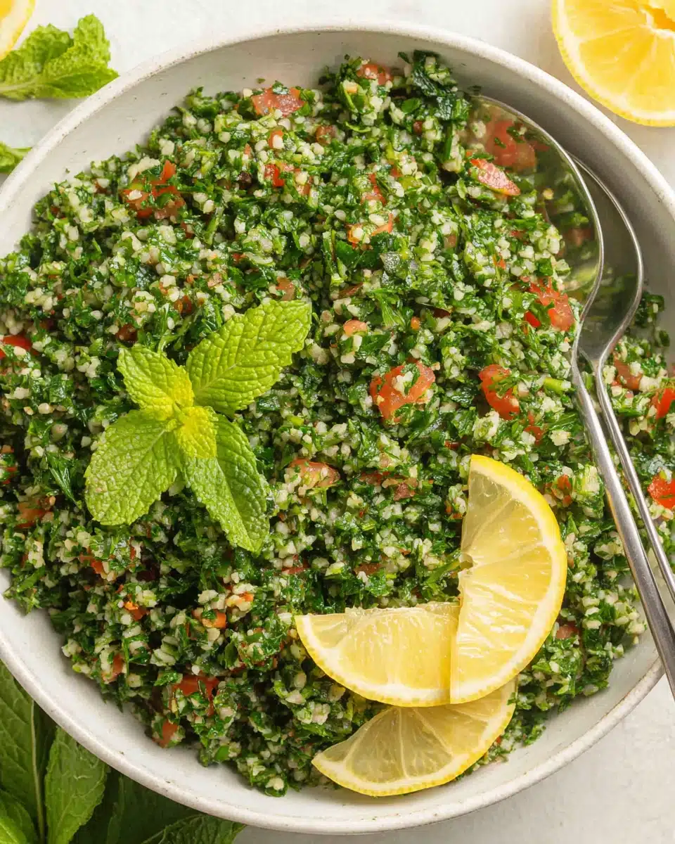 Fresh tabbouleh salad with parsley, mint, tomatoes, and lemon slices in a white bowl