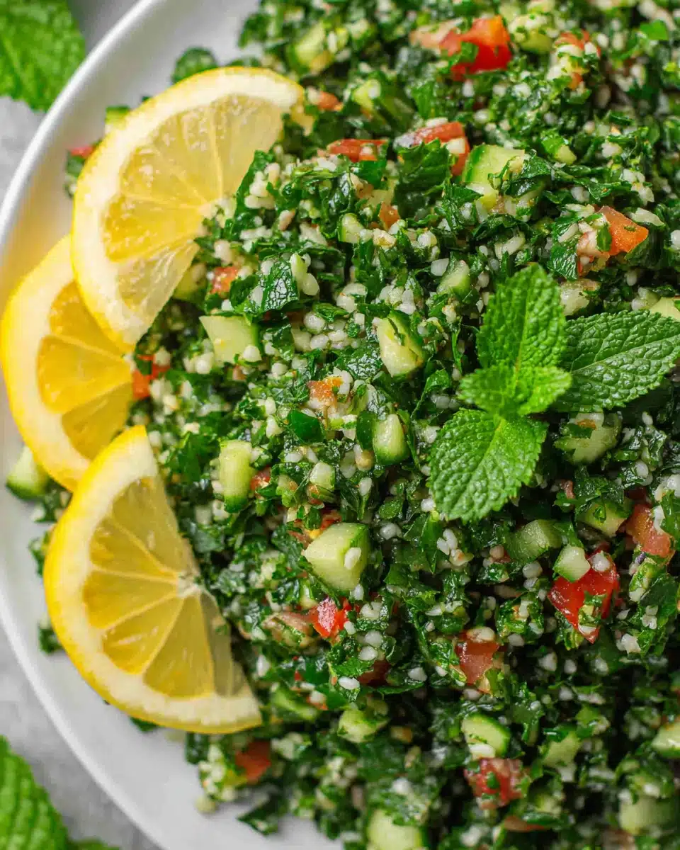 Fresh tabbouleh salad with parsley, mint, tomatoes, and lemon garnish