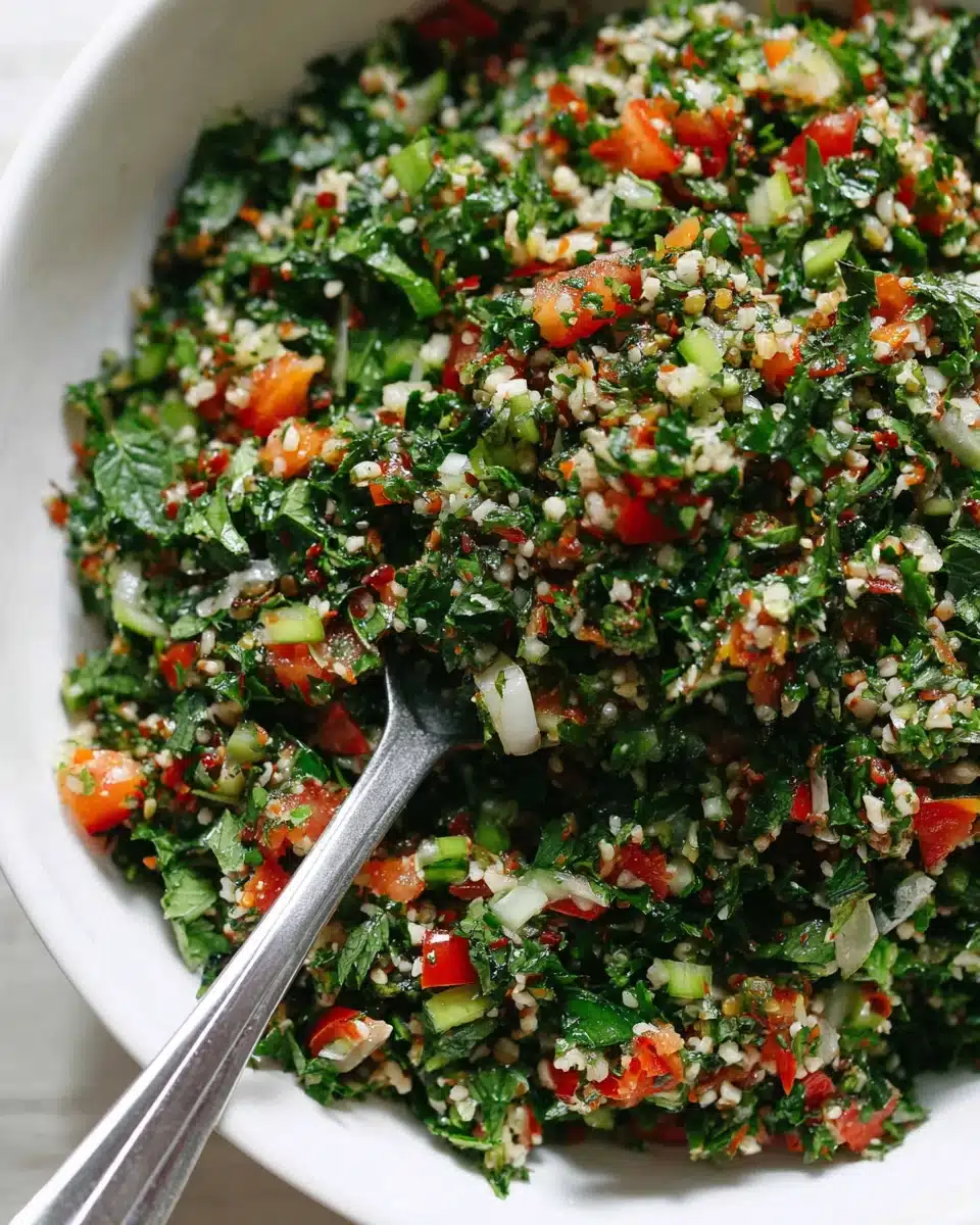 Fresh tabouli salad with bulgur, parsley, mint, tomatoes, and green onions in a white bowl.