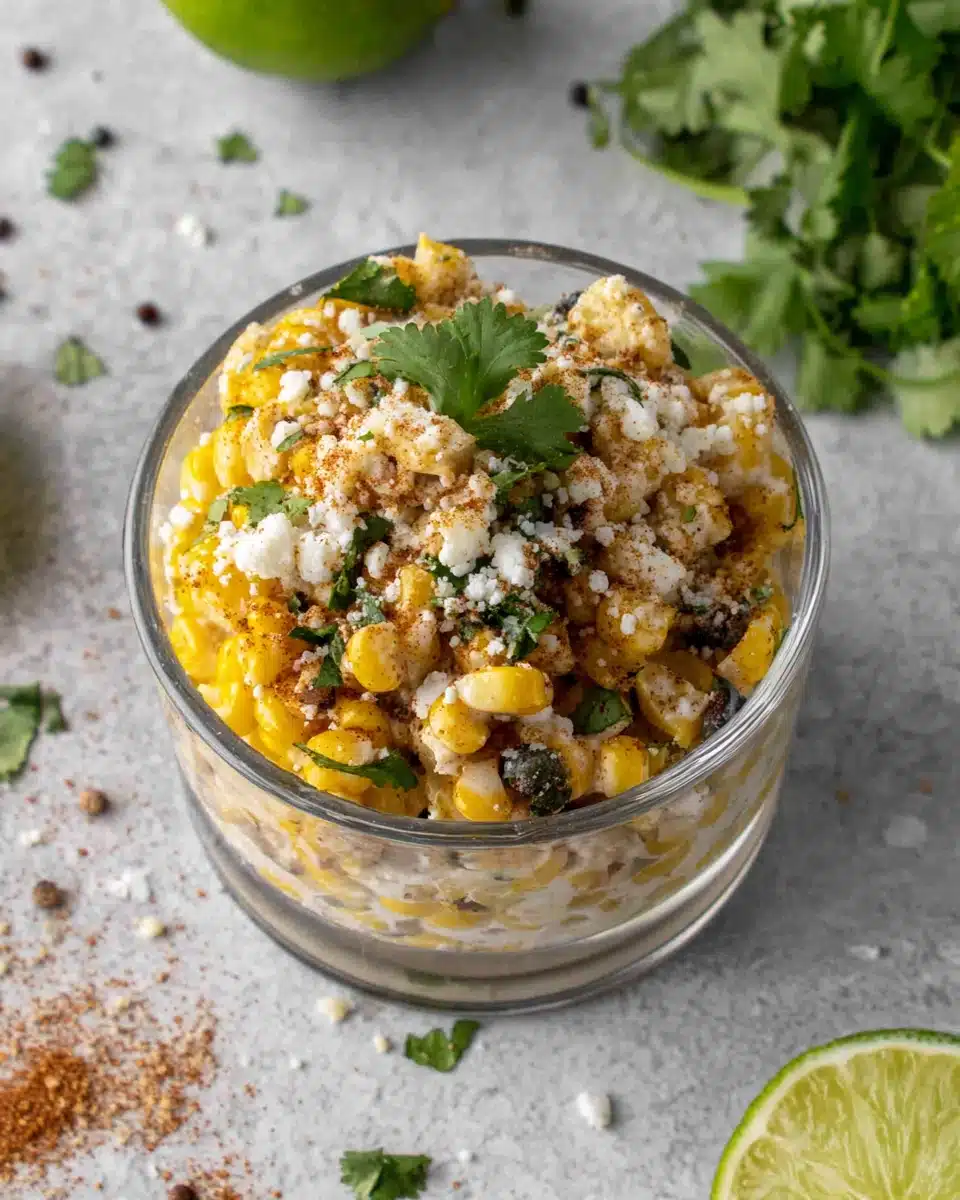 Elote in a cup with lime, cotija, and cilantro for taco night ideas side