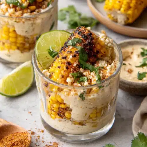 Elote in a cup with corn, cotija cheese, lime, and Tajin for taco night ideas side