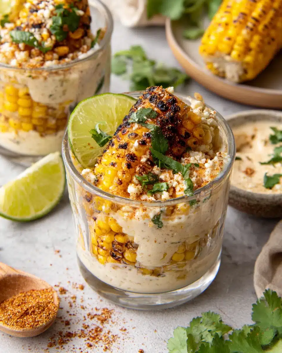 Elote in a cup with corn, cotija cheese, lime, and Tajin for taco night ideas side