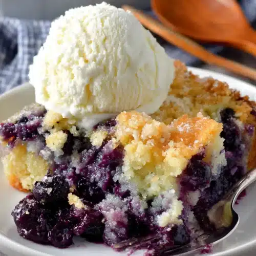 Texas-style blueberry cobbler with vanilla ice cream on a plate