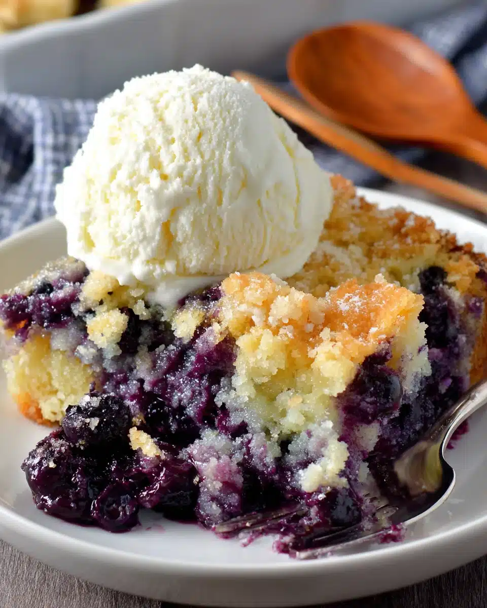 Texas-style blueberry cobbler with vanilla ice cream on a plate