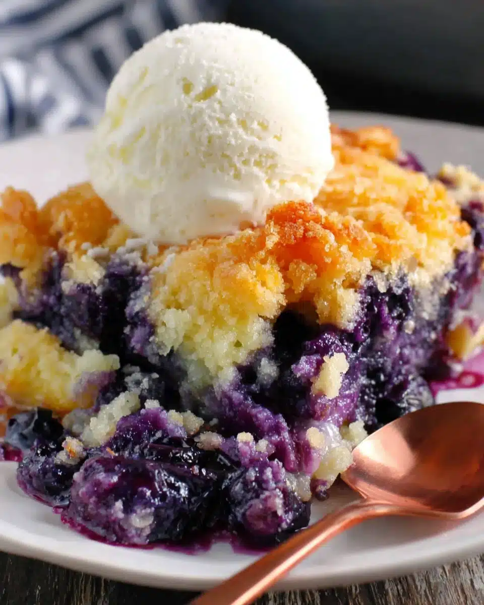 Texas-style blueberry cobbler with vanilla ice cream and copper spoon