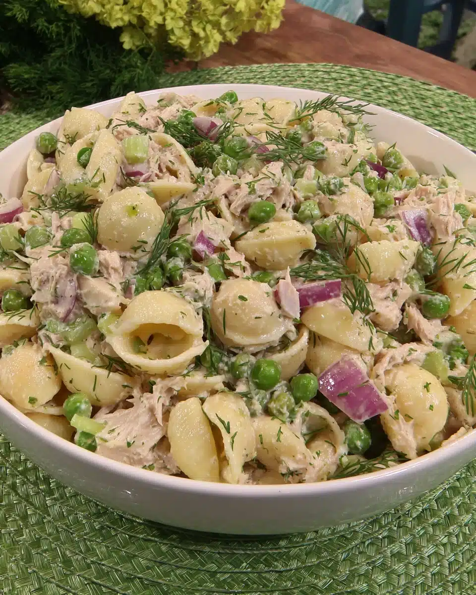 Creamy tuna noodle pasta salad with shell pasta, peas, and dill in a white bowl