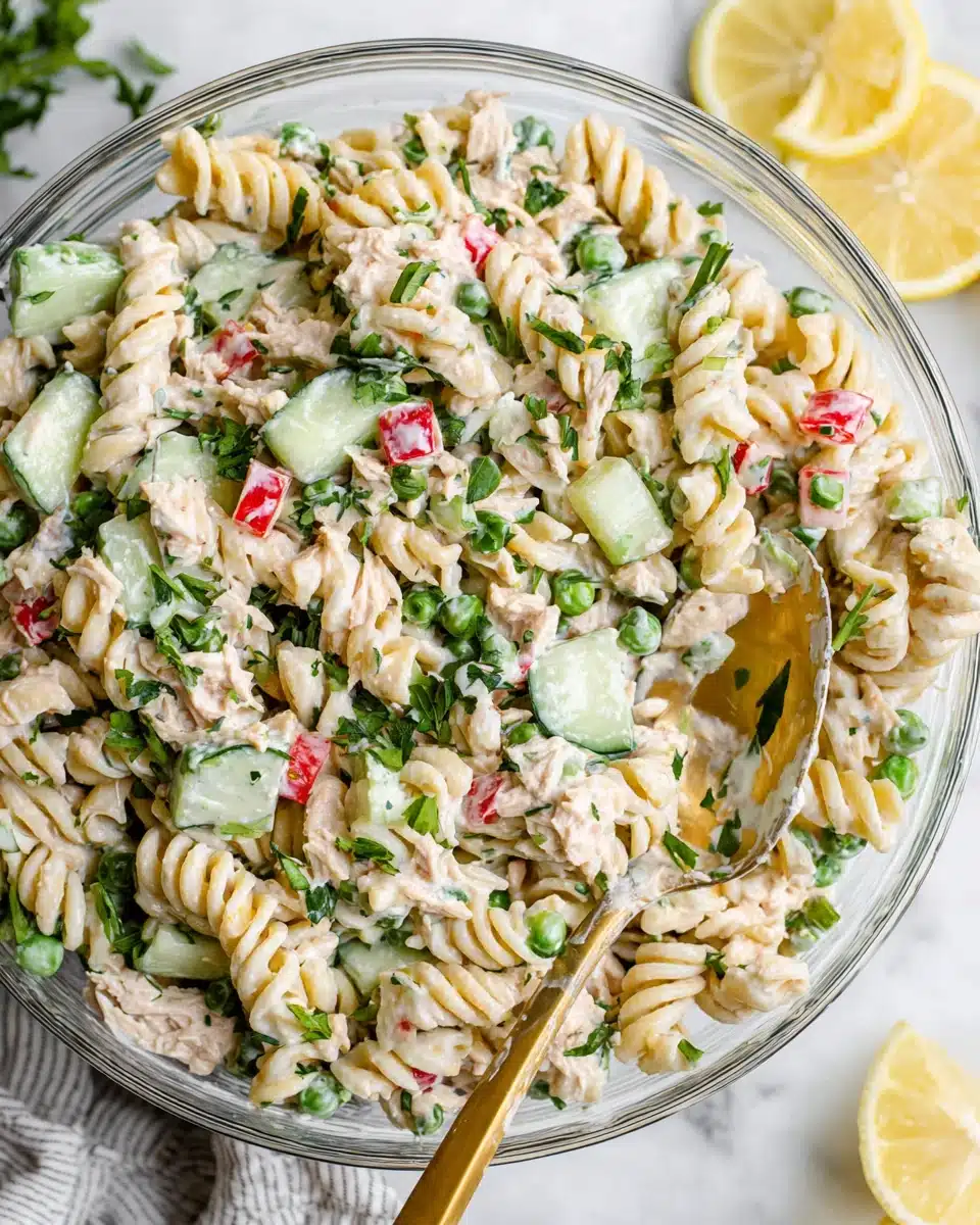 Super creamy tuna pasta salad with fresh veggies and herbs in a glass bowl