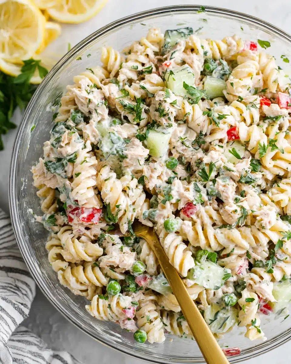 Creamy tuna pasta salad with fresh veggies and herbs in a glass bowl