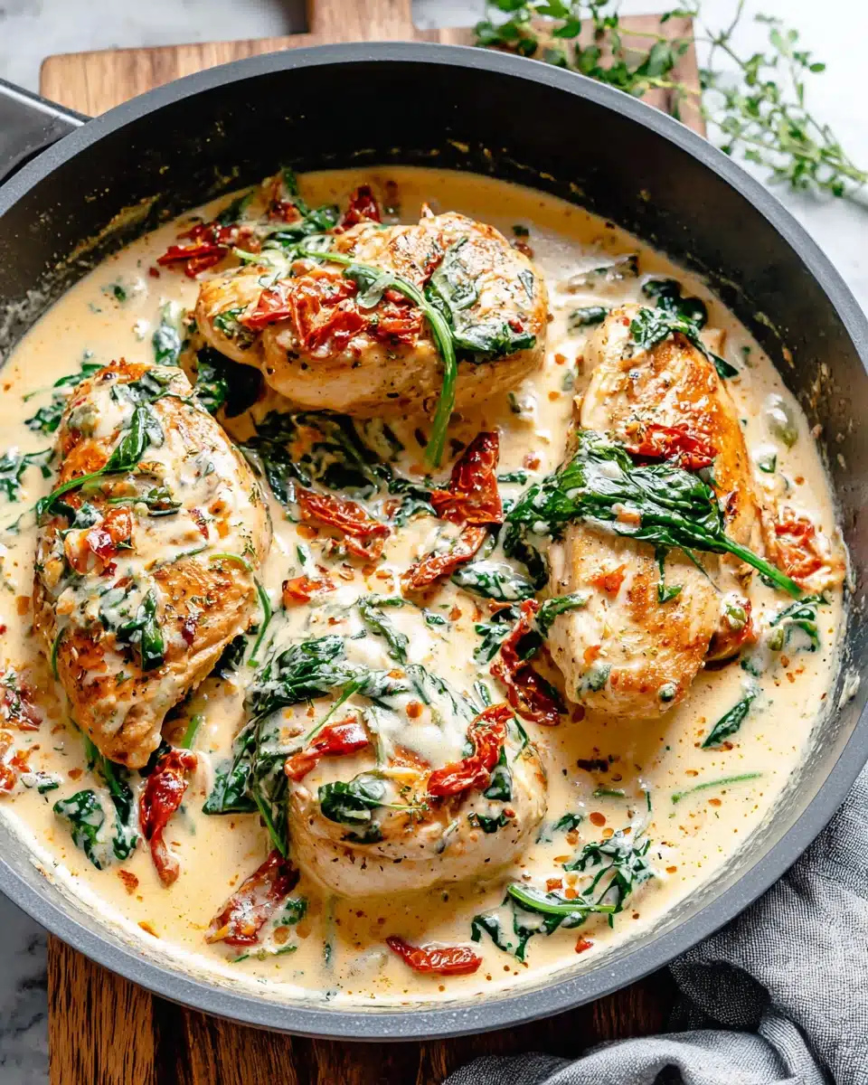 Creamy Tuscan chicken with spinach and sun-dried tomatoes in a skillet