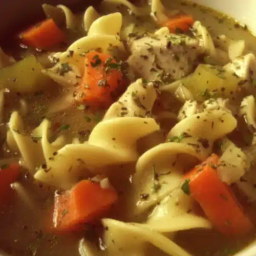 Hearty Tuscan chicken noodle soup with noodles, carrots, and herbs