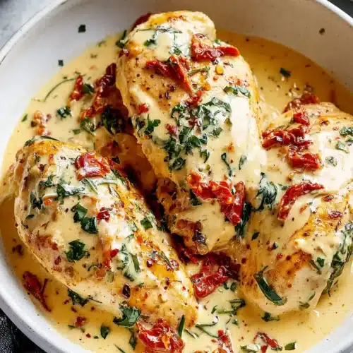 Creamy Tuscan chicken with spinach and sun-dried tomatoes in a white bowl