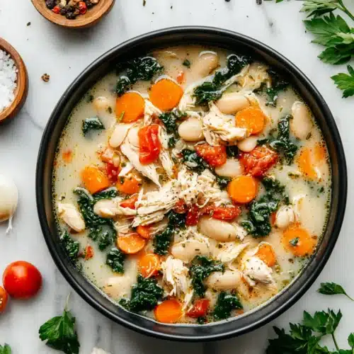 Creamy Tuscan chicken soup with chicken, kale, carrots, and beans in a black bowl