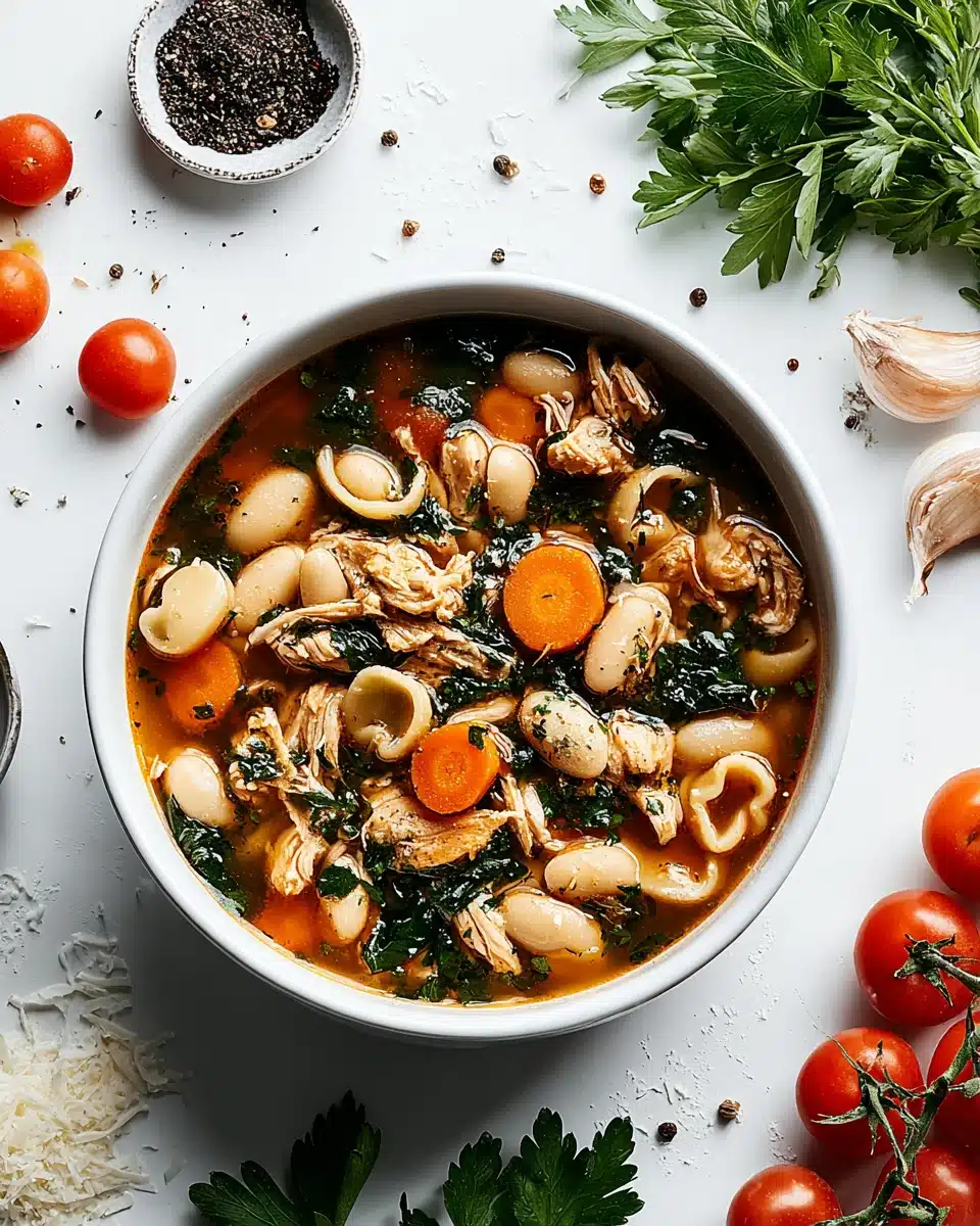 Hearty Tuscan chicken soup with chicken, carrots, beans, and fresh herbs in a black bowl