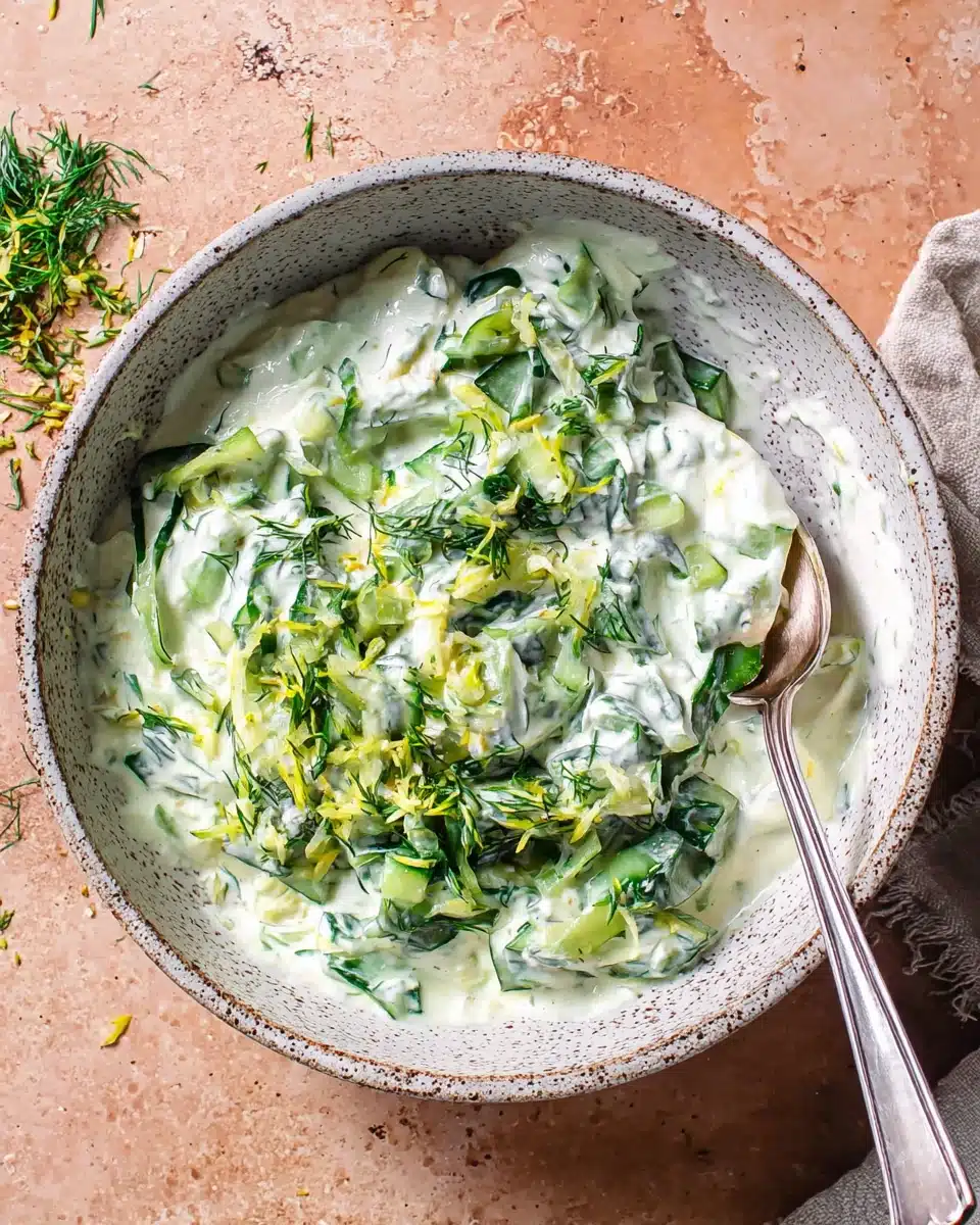 Vegan Tzatziki with Cucumber and Dill Creamy vegan tzatziki with fresh dill and cucumber in a bowl