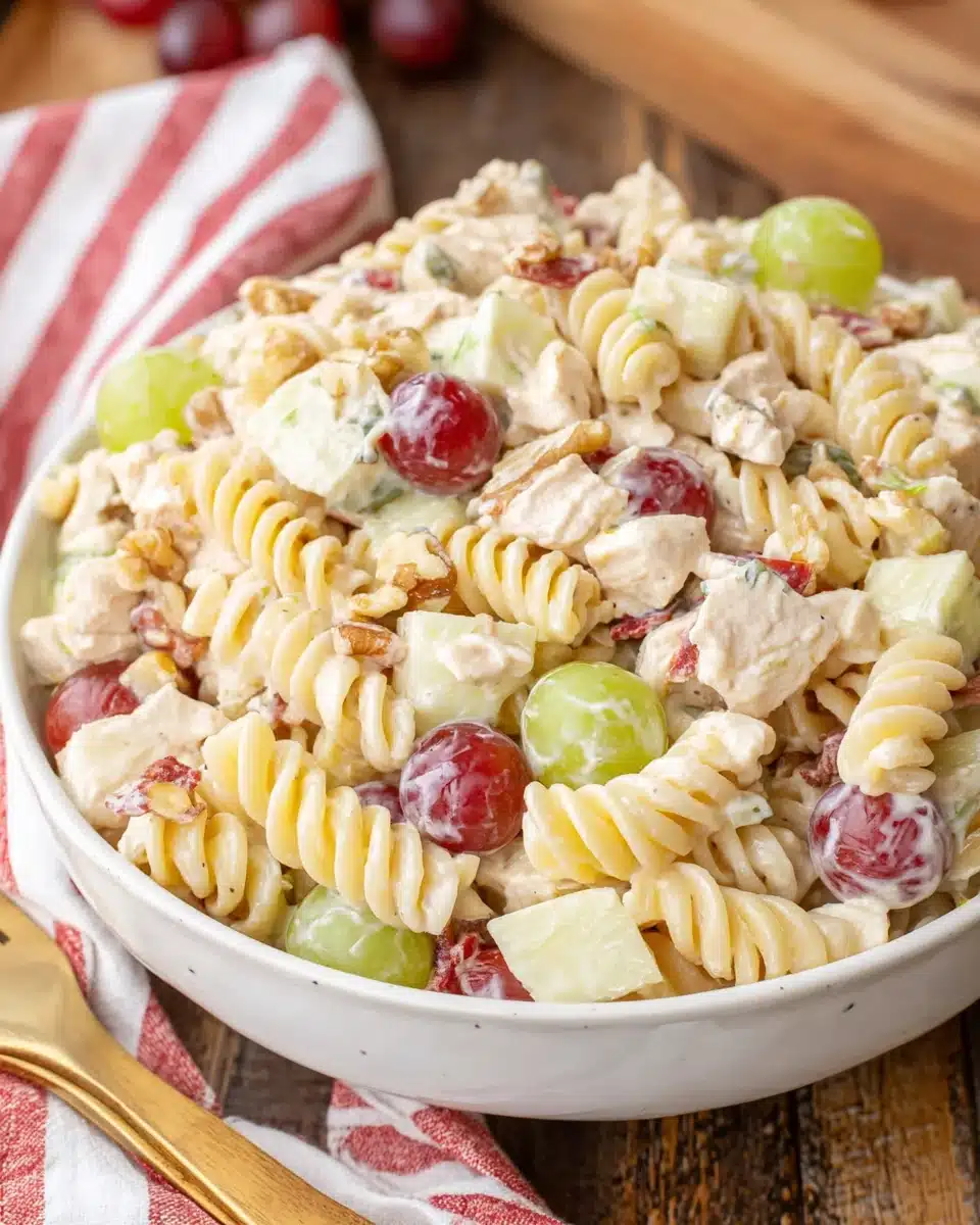 Waldorf chicken pasta salad with rotini, chicken, grapes, apples, and walnuts in a white bowl