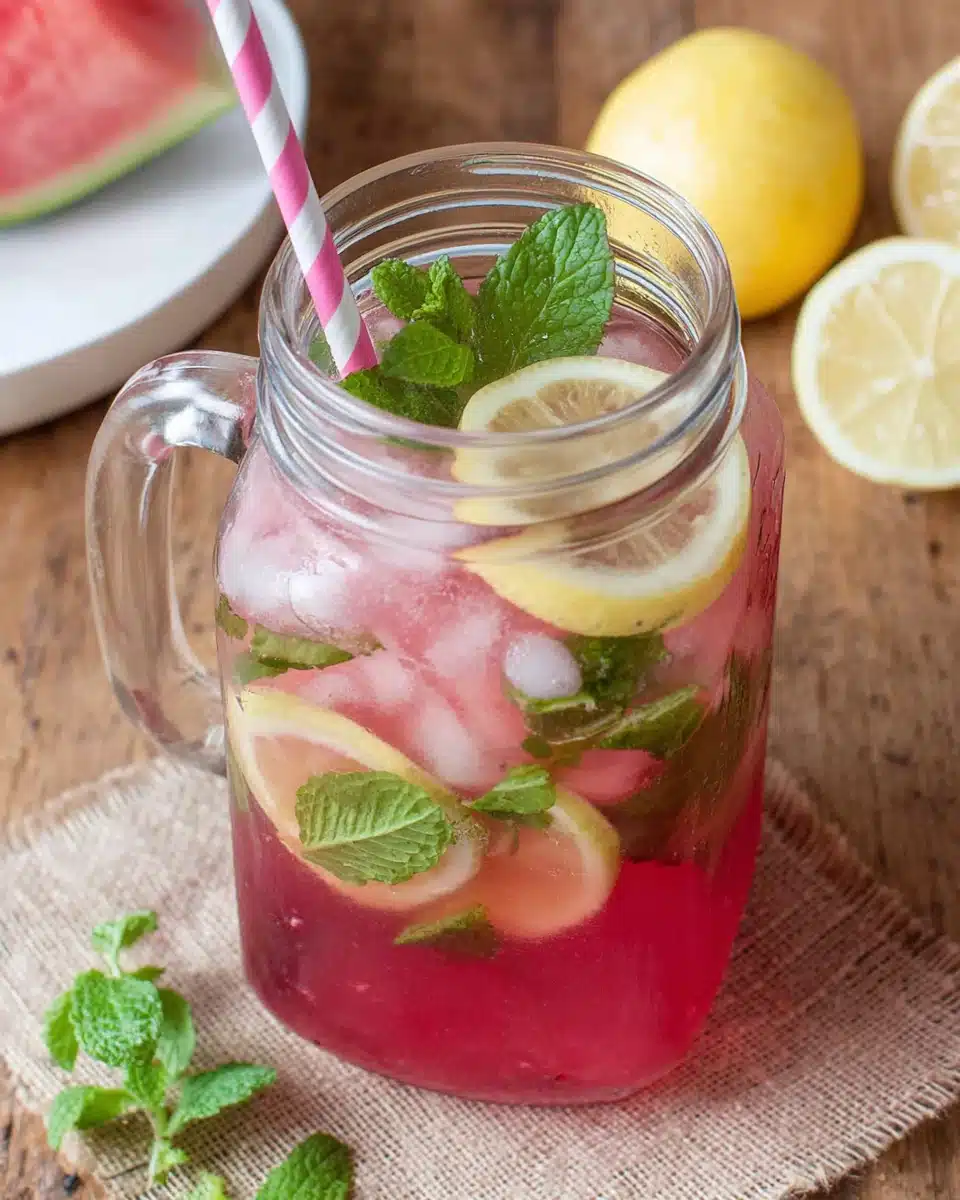 Watermelon lemonade without added sugar in a mason jar.