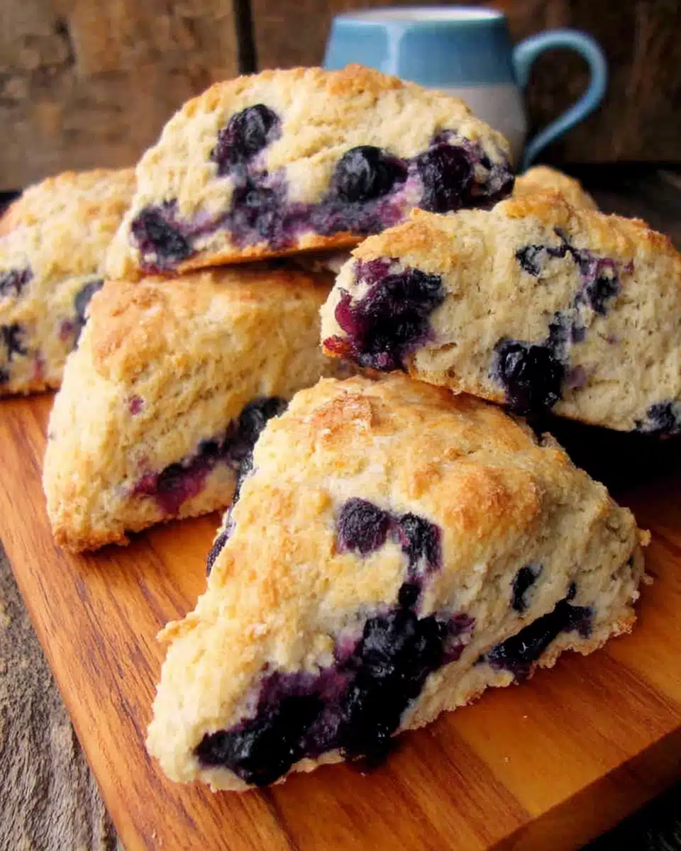 Golden whole wheat blueberry scones with fresh blueberries on wooden board
