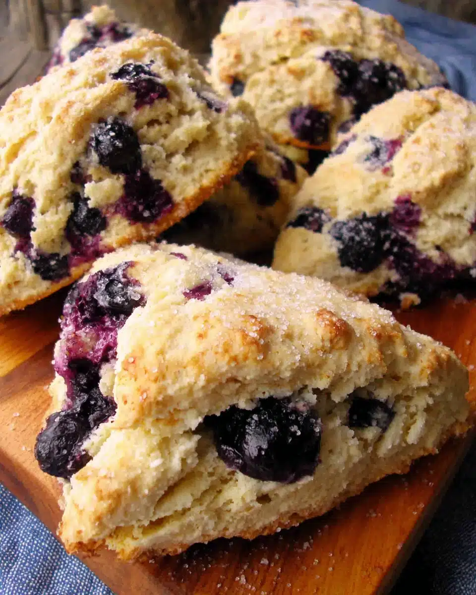 Golden-brown whole wheat blueberry scones with fresh blueberries on a wooden board