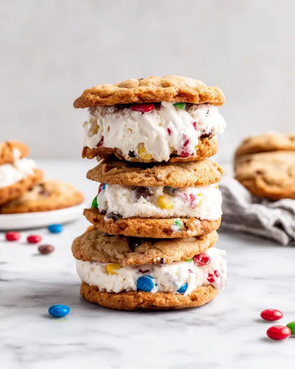 4th of July cookies with M&Ms stacked as ice cream sandwiches, featuring red, white, and blue candies.