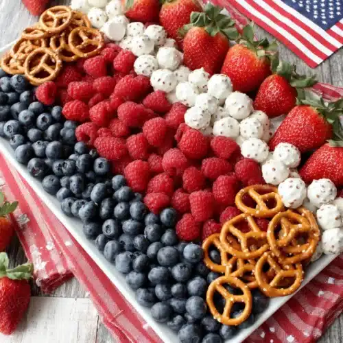 Delightful American Flag Fruit Tray Recipe for Celebrations 1 American flag fruit tray with strawberries, raspberries, blueberries, and yogurt-covered pretzels
