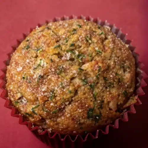 Moist apple cinnamon zucchini muffin in red liner with visible zucchini and cinnamon