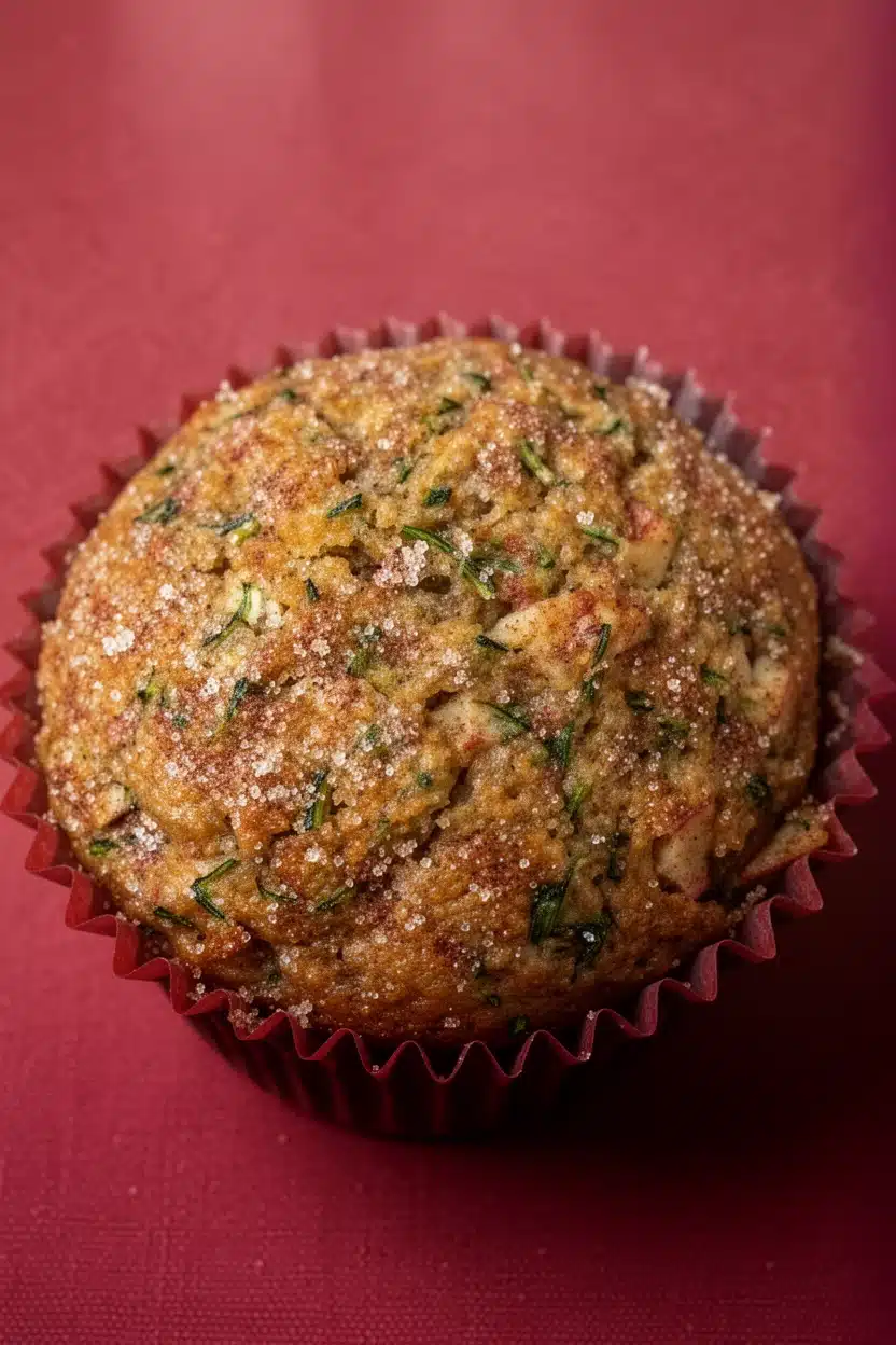 Moist apple cinnamon zucchini muffin in red liner with visible zucchini and cinnamon