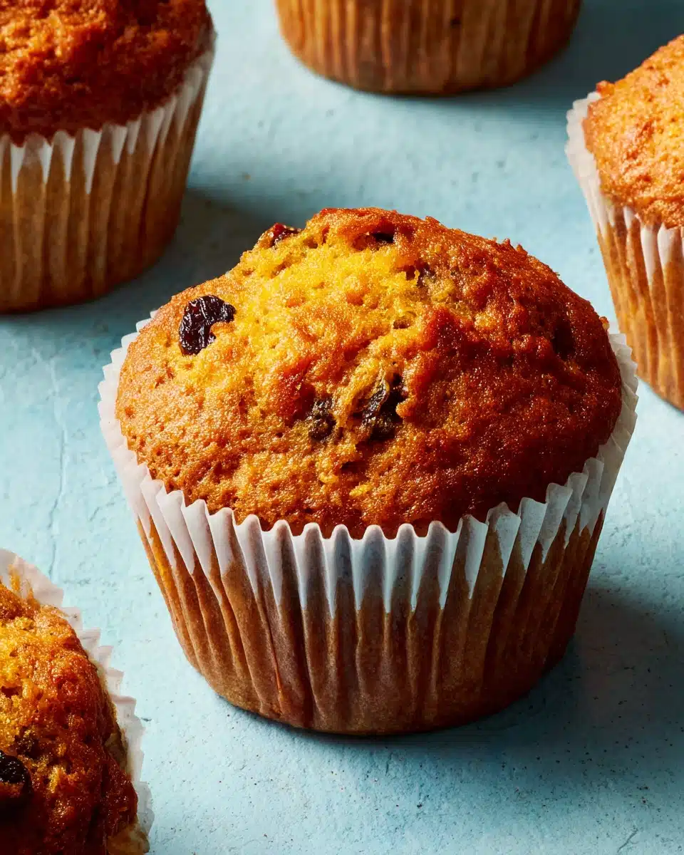 Awesome Carrot Muffins with Raisins Delicious awesome carrot muffins with raisins, golden-brown and moist, in paper liners.