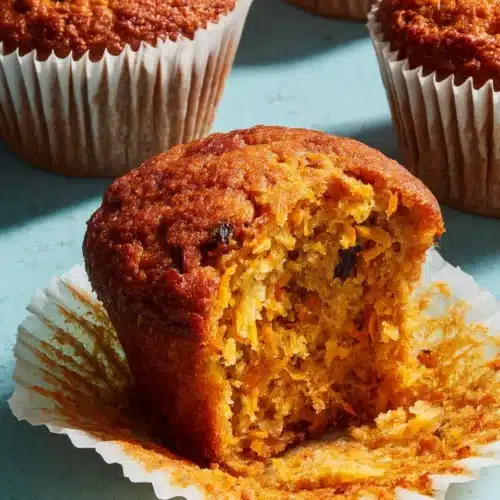 Awesome Carrot Muffins: A Delightfully Moist Treat 1 Golden-brown awesome carrot muffin with raisins, partially unwrapped on teal surface