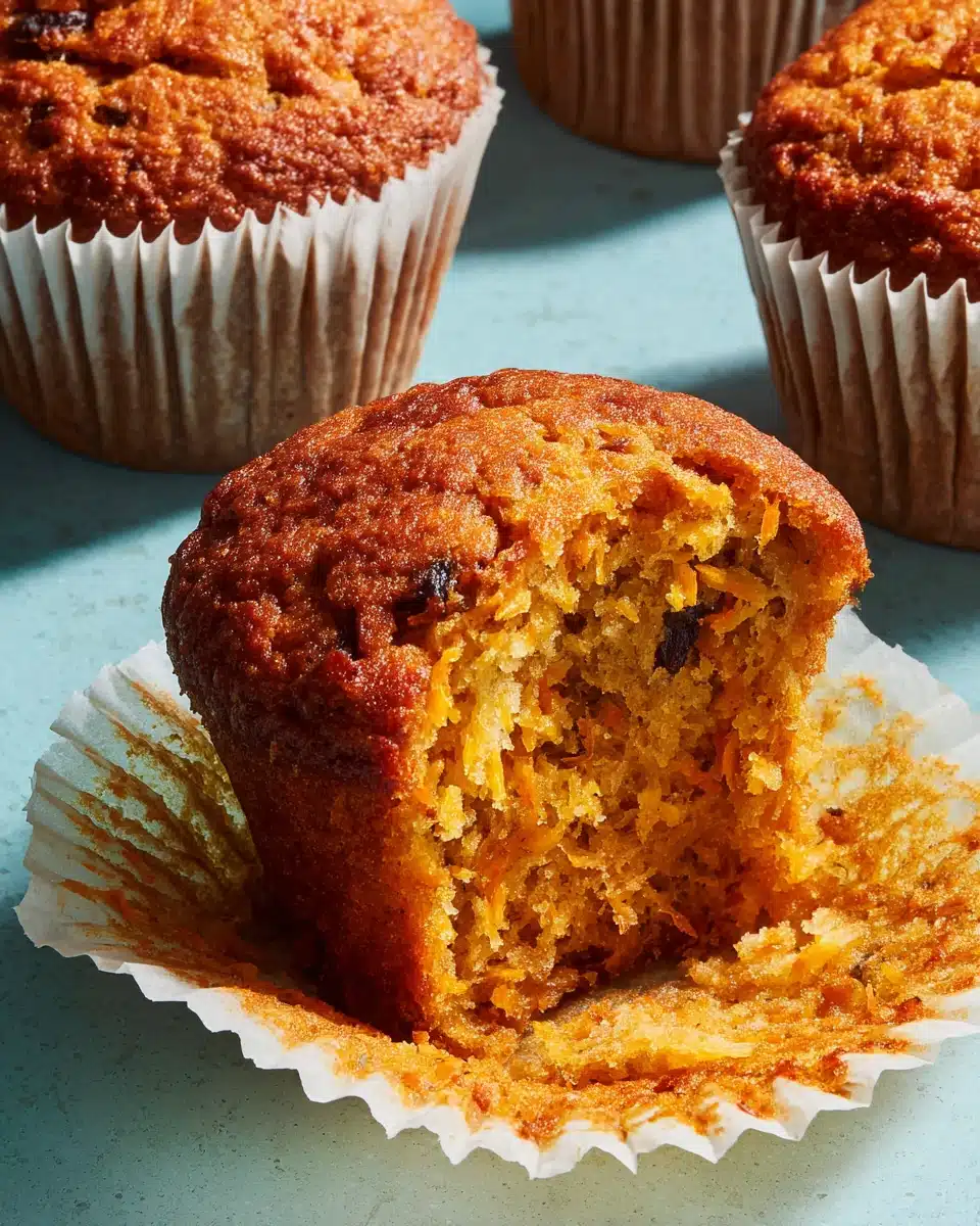 Awesome Carrot Muffins with Raisins Golden-brown awesome carrot muffin with raisins, partially unwrapped on teal surface