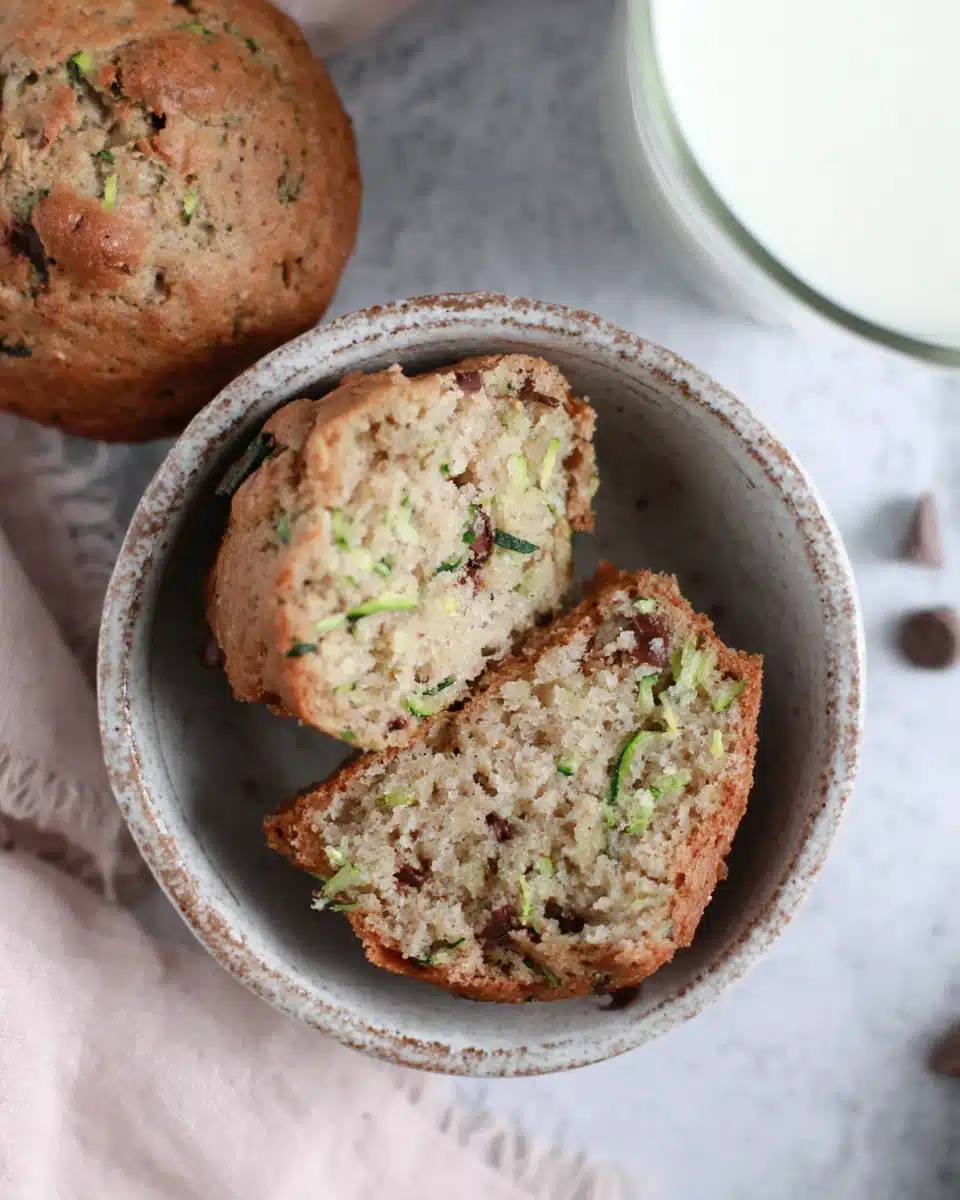 Baby zucchini muffins dairy free, halved in a bowl with milk