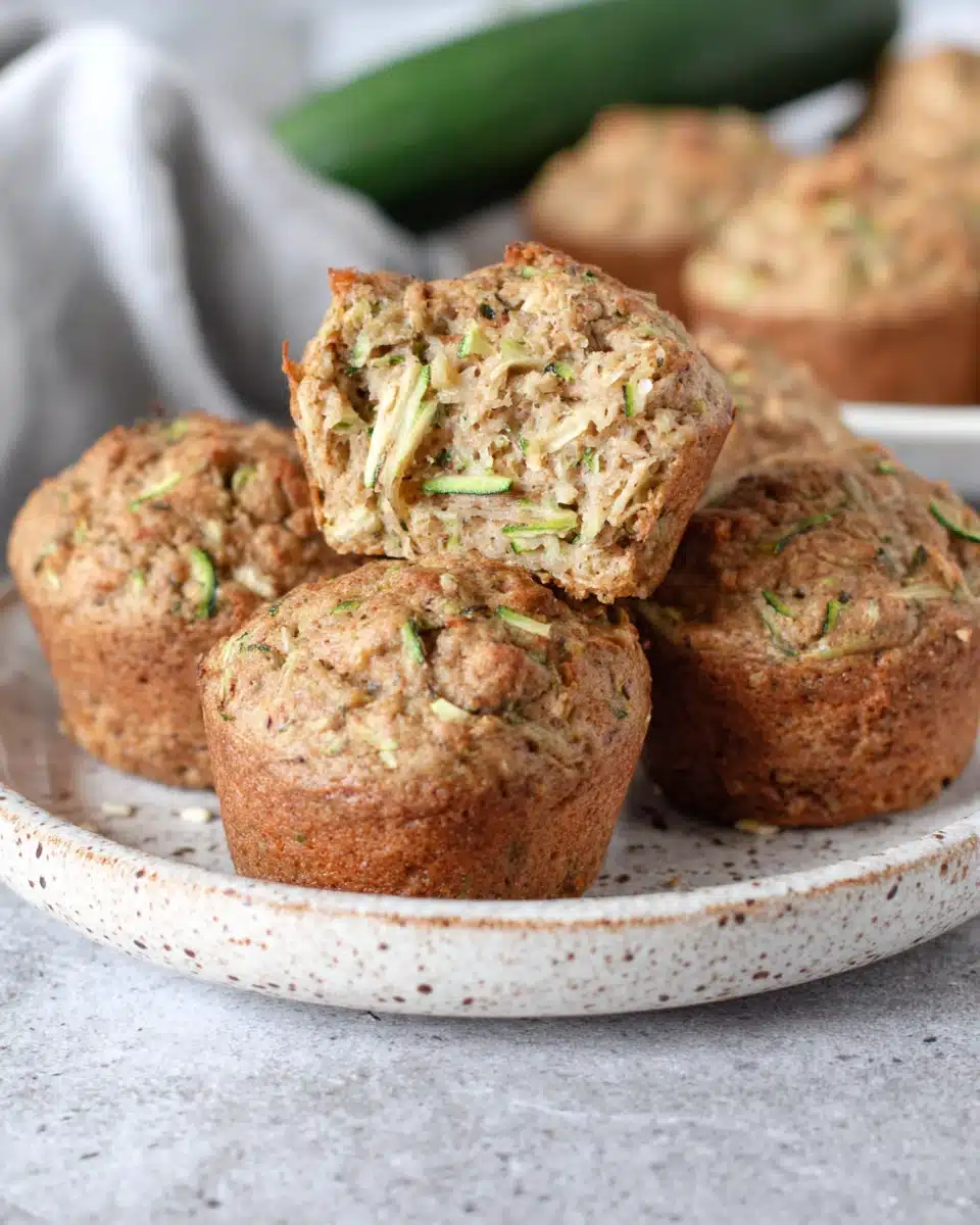 Baby zucchini muffins dairy free on a plate with green drink in background