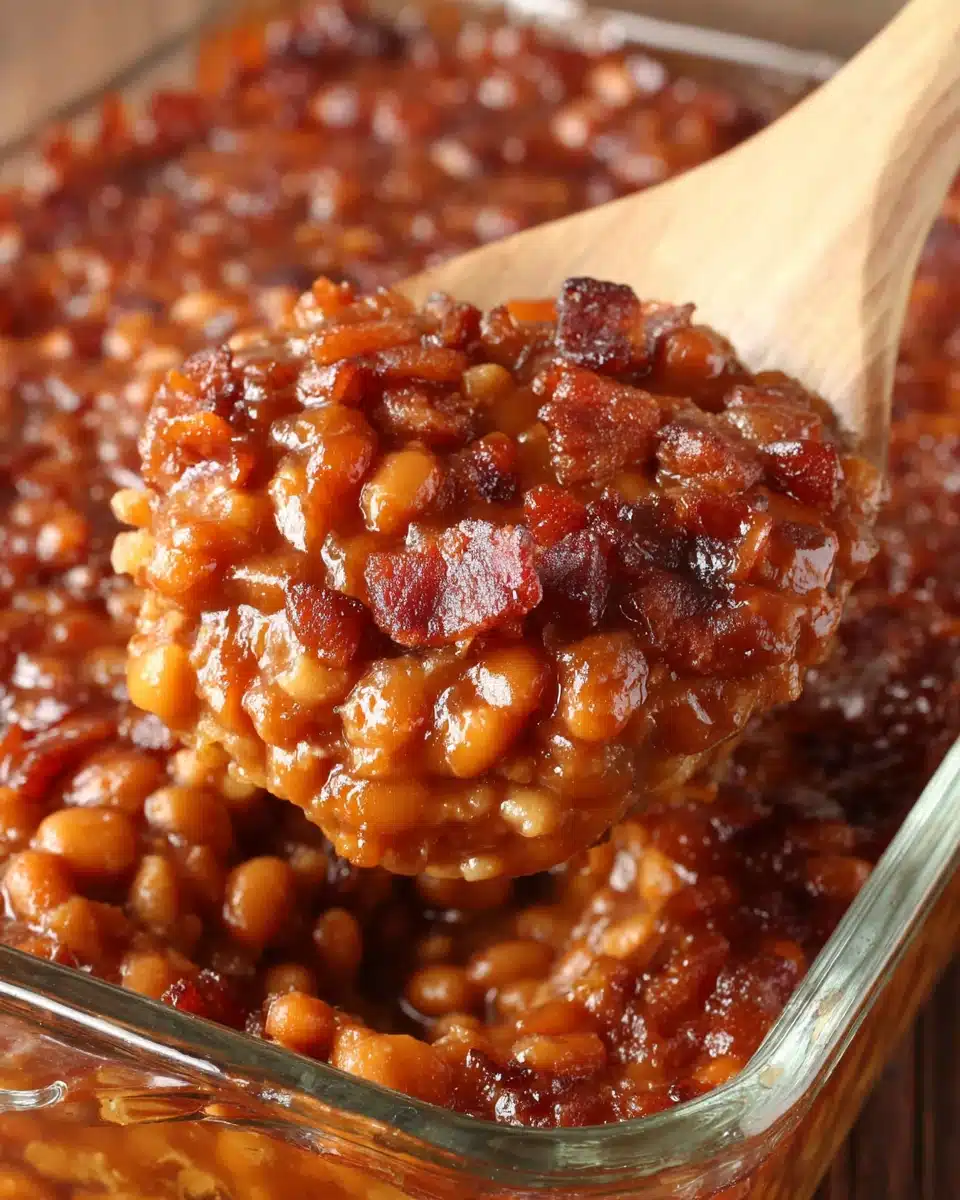 Spoonful of savory baked beans with bacon and onions in a glass dish