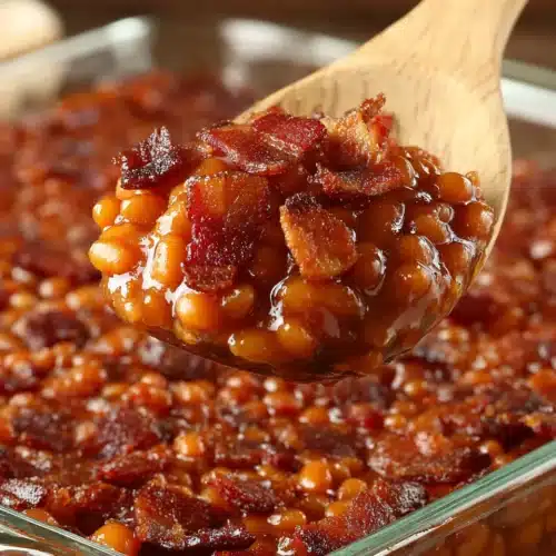 Scoop of savory baked beans with bacon and onions in glass dish