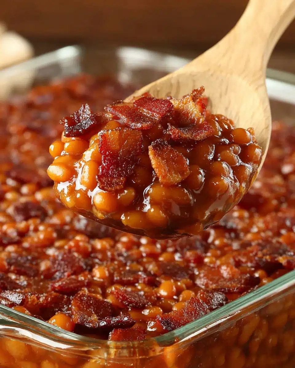 Scoop of savory baked beans with bacon and onions in glass dish